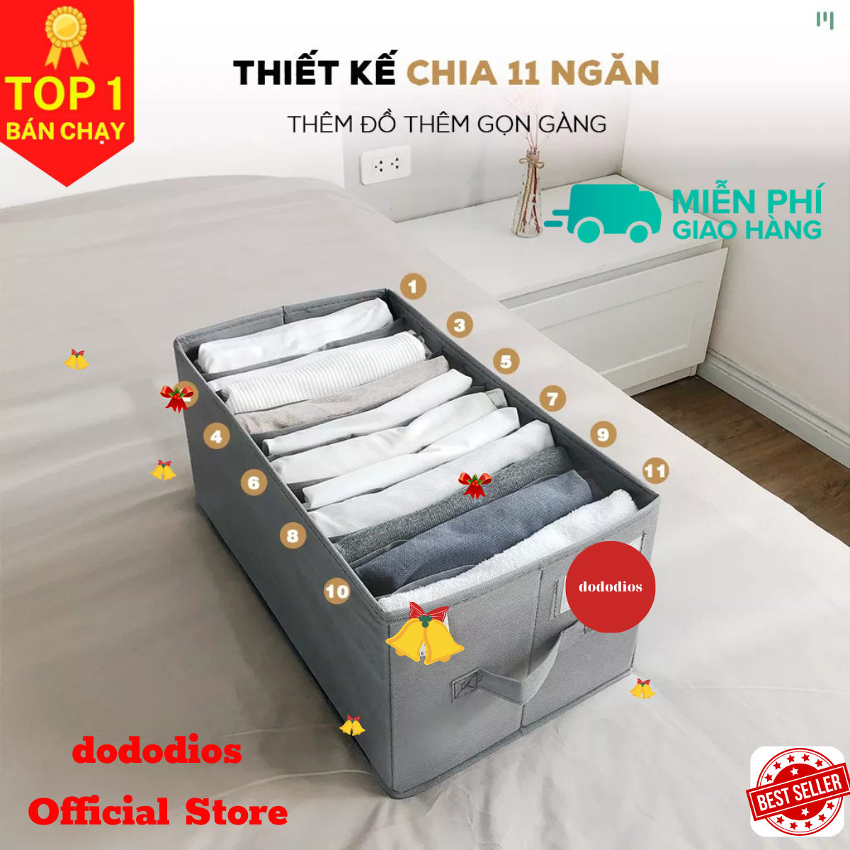 Hộp vải chia 11 ngăn độc quyền dododios có tag gắn tên hộp lõi dày 2mm rất cứng cáp đựng quần jeal áo thun áo len