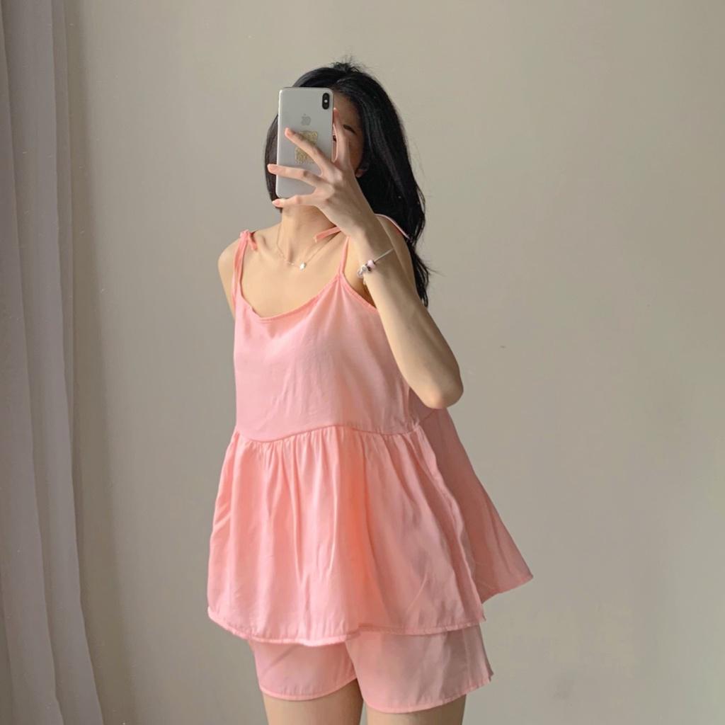 Set đồ ngủ áo 2 dây buộc nơ babydoll quần short đùi ống rộng, Pijama nhiều màu - Made by ToneOnTone TOT