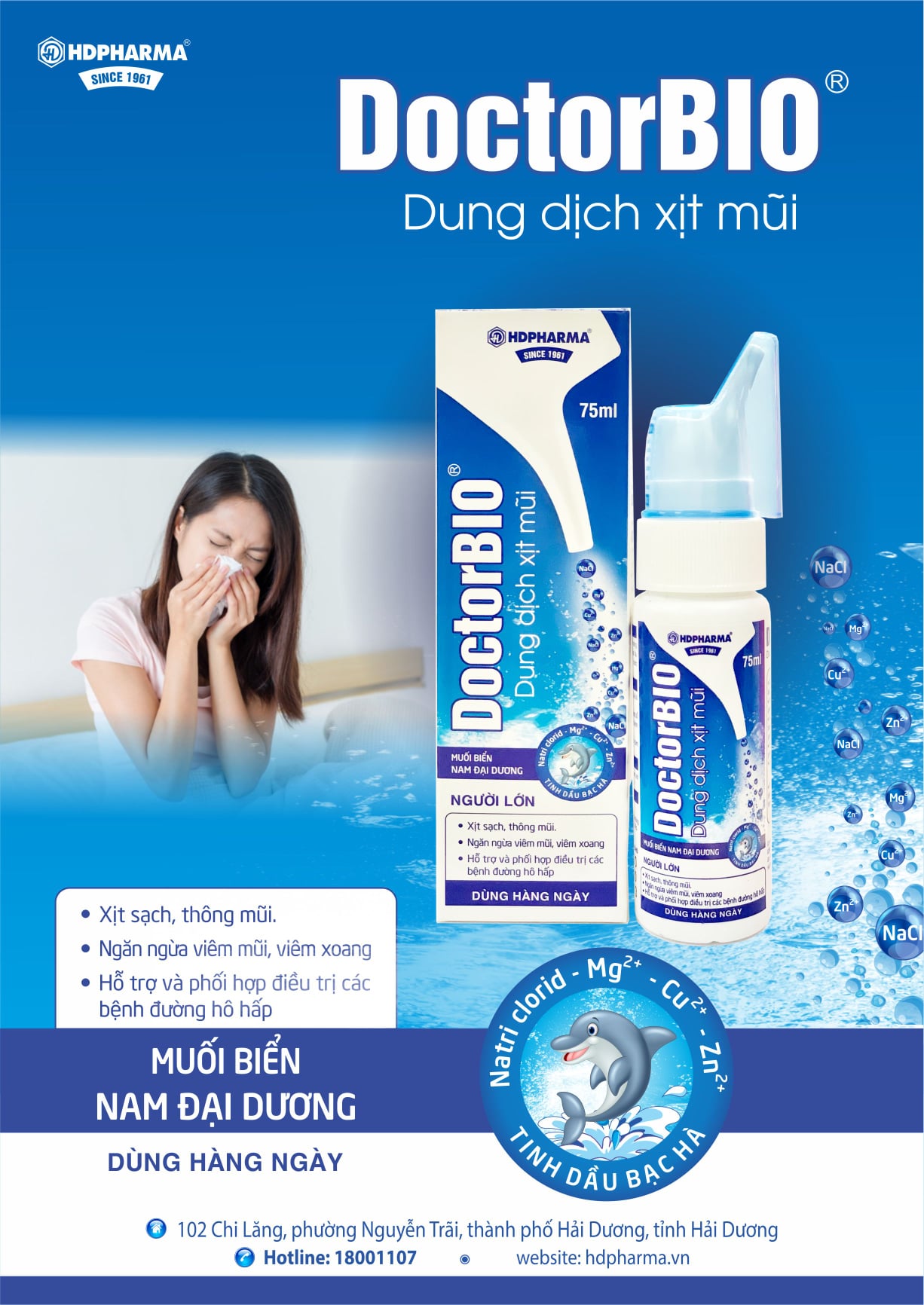 Dung Dịch Xịt Mũi DOCTORBIO Người Lớn - HDPHARMA - Tinh Dầu Bạc Hà, Muối Biển Nam Đại Dương (75 ml)