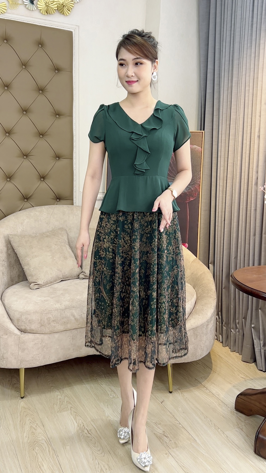 Đầm Xòe Trung Niên [ Linh Trà ] (TM 387) Vải Voan Hàn Trang Nhã Thanh Lịch Sang Trọng Cho Quý Bà