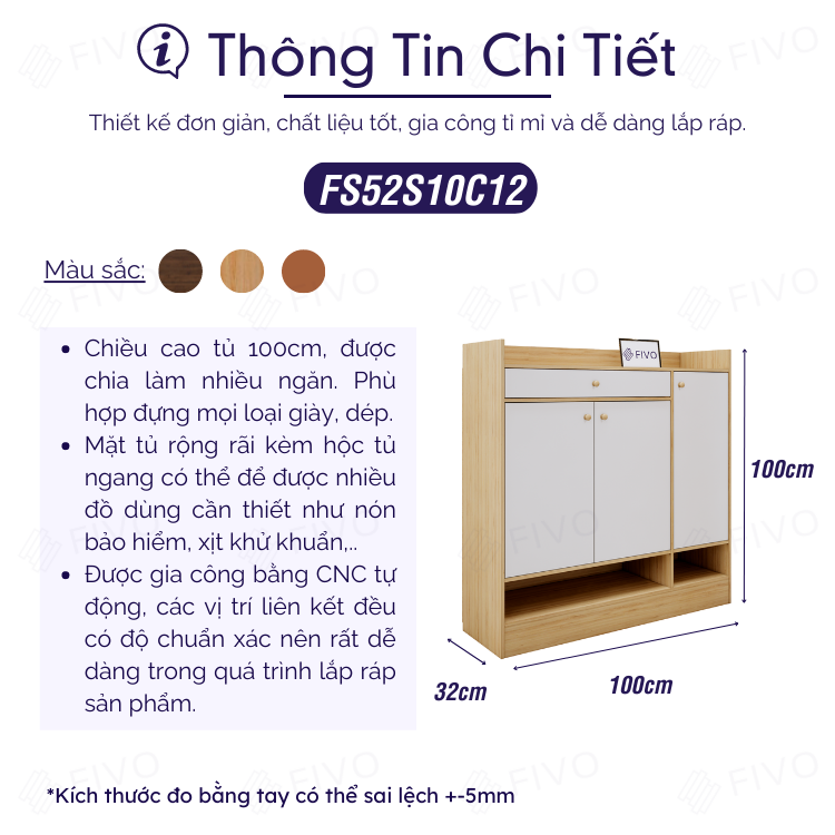 Tủ Kệ Giày FIVO FS52 Có Hộc, Chất Liệu Gỗ MDF Cao Cấp, Nhiều Ngăn Chứa Giày Dép, Chân Tủ Chắc Chắn - Ngang 100cm