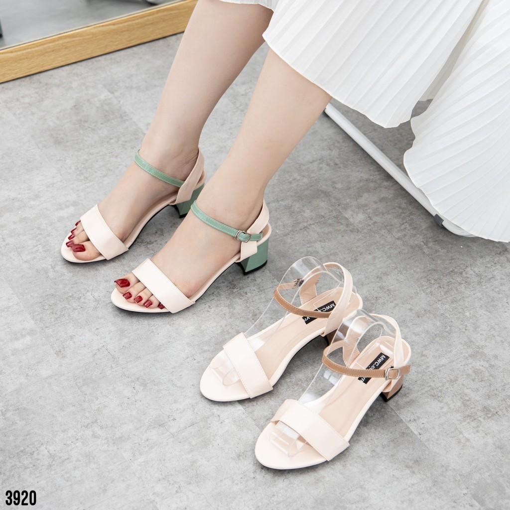 Giày sandal cao gót nữ MWC mũi tròn gót vuông cao 5CM quai ngang mix màu nâu xanh siêu xinh NUCG-3920