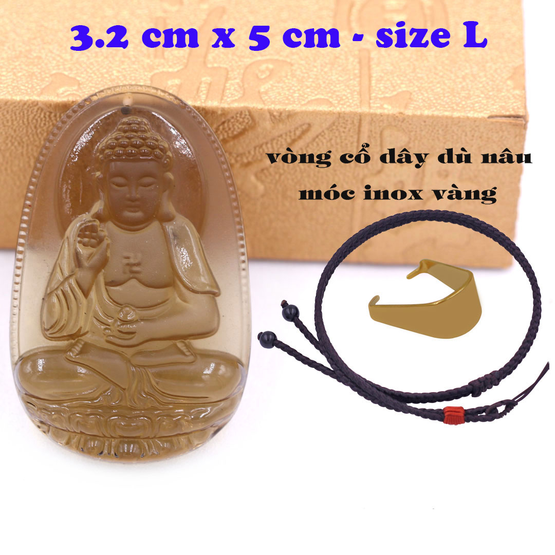 Mặt Phật A di đà đá obsidian  5 cm kèm vòng cổ dây dù nâu - mặt dây chuyền size lớn - size L, Mặt Phật bản mệnh