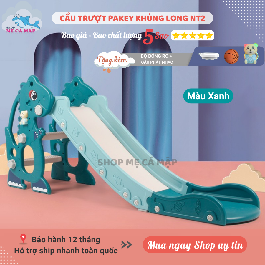 Cầu trượt cho bé Pakey Khủng Long NT2 TẶNG KÈM BÓNG RỔ + GẤU PHÁT NHẠC Thành trượt cao an toàn cho bé