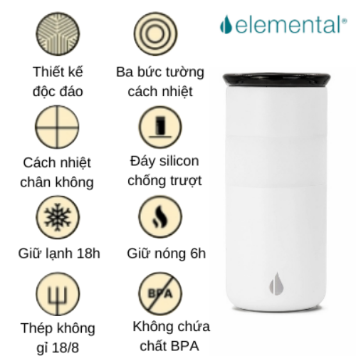 LY GIỮ NHIỆT ELEMENTAL MÀU TRẮNG , ĐẠT CHUẨN FDA HOA KỲ, THÉP 304 KHÔNG GỈ, GIỮ NÓNG LẠNH