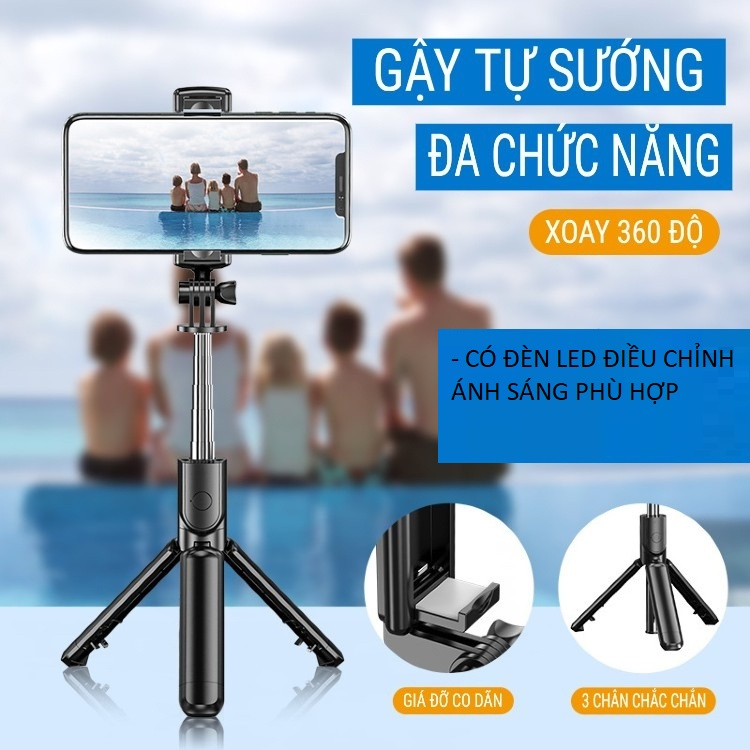 Gậy chụp ảnh tự sướng điều khiển từ xa có đèn led trợ sáng , xuay 360 độ..gấp gọn bỏ túi tiện lợi..CÓ ĐÈN