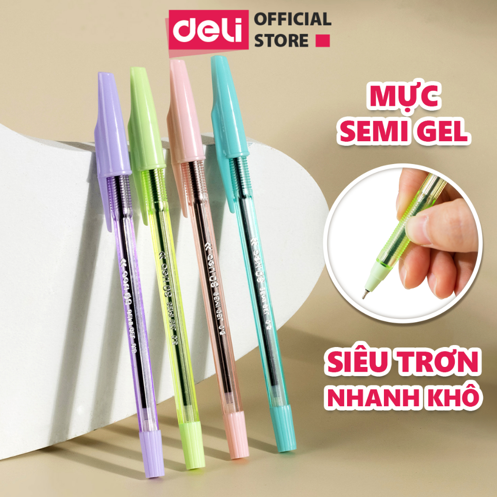 Hộp 50 Bút Bi Mực Xanh Màu Pastel Ngòi 0.5mm Deli - Bút Bi Mực Semi Gel Nắp Đậy Mực Đều Viết Trơn