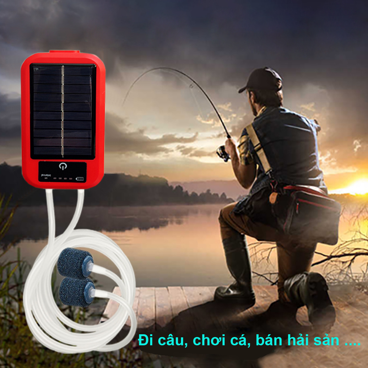 Máy Sủi Oxy Tích Điện 2 Vòi BY A3 Năng Lượng Mặt Trời Siêu Êm, Cao Cấp: câu cá, nuôi cá, bán hải sản...