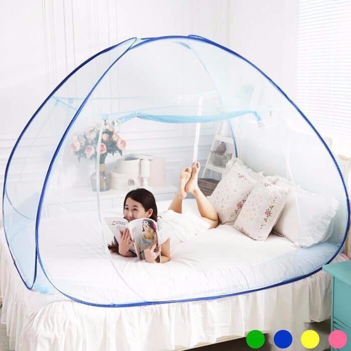 Màn chụp 1M8*2M gấp gọn chống muỗi chân diềm hoa xanh đỉnh vuông GIA LONG cao cấp, mùng chống muỗi