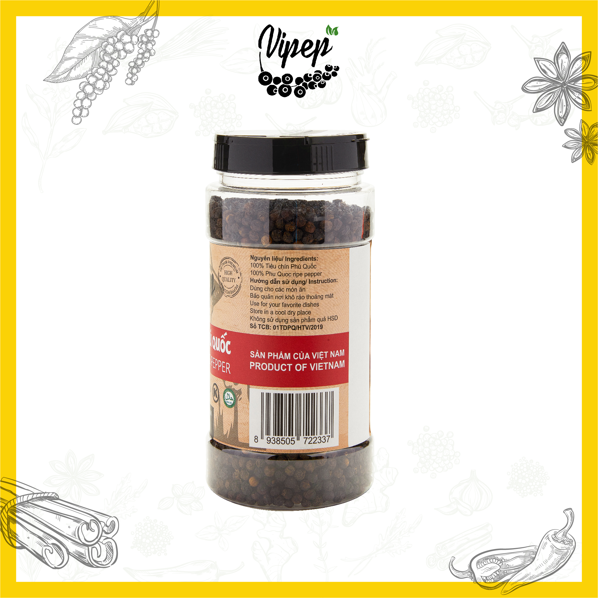 Tiêu đen nguyên hạt Vipep 250g, hạt tiêu đều chắc, không bị lép, gia vị nêm nếm hảo hạng 250g