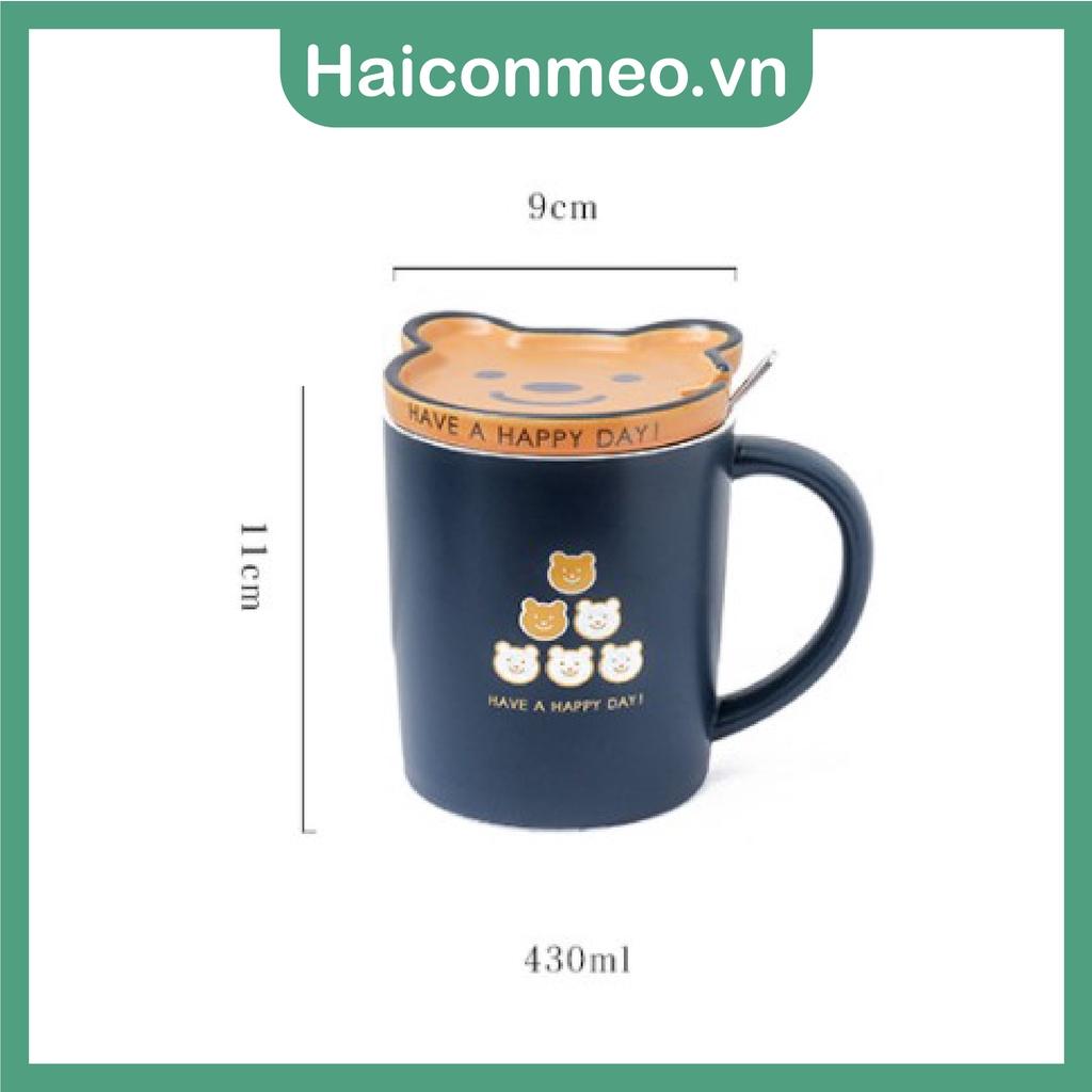 (Lỗi là Đổi) Ly cốc sứ quà tặng dễ thương hình Gấu Happy day, có nắp đậy, kèm thìa 430ml