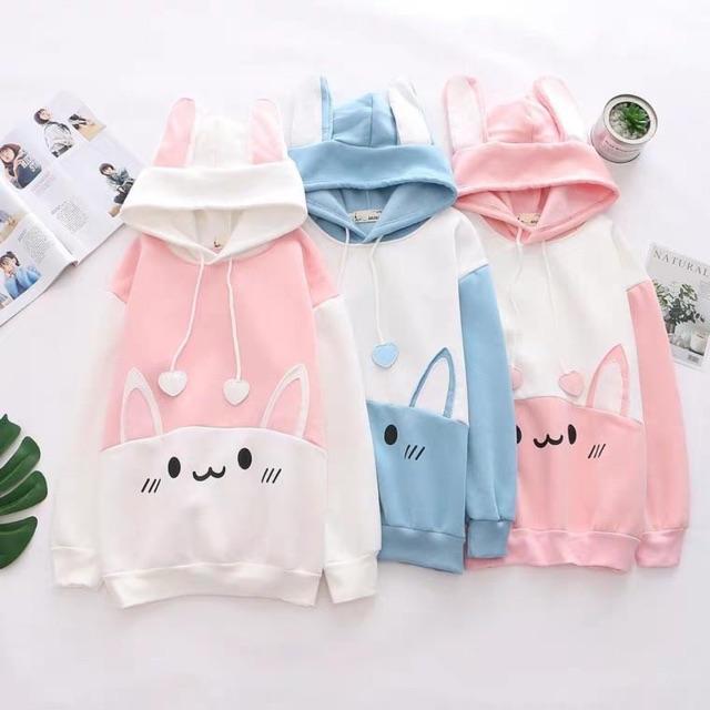 Áo hoodie nỉ lót bông nón có tai thỏ dài kute cho nữ || Hany Shop