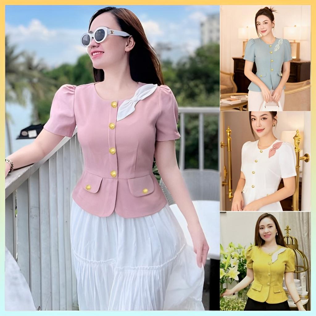 Áo sơ mi kiểu nữ peplum NƠ VAI phối nắp túi và chun lưng giấu bụng hiệu quả