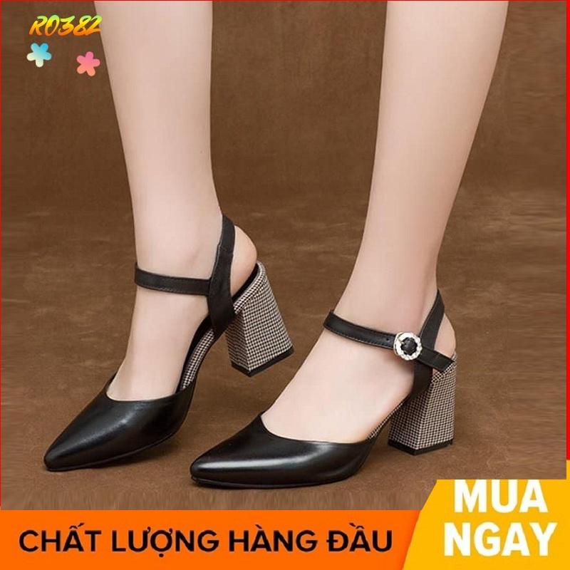 Giày cao gót nữ đẹp đế vuông 7 phân hàng hiệu rosata hai màu đen kem ro382