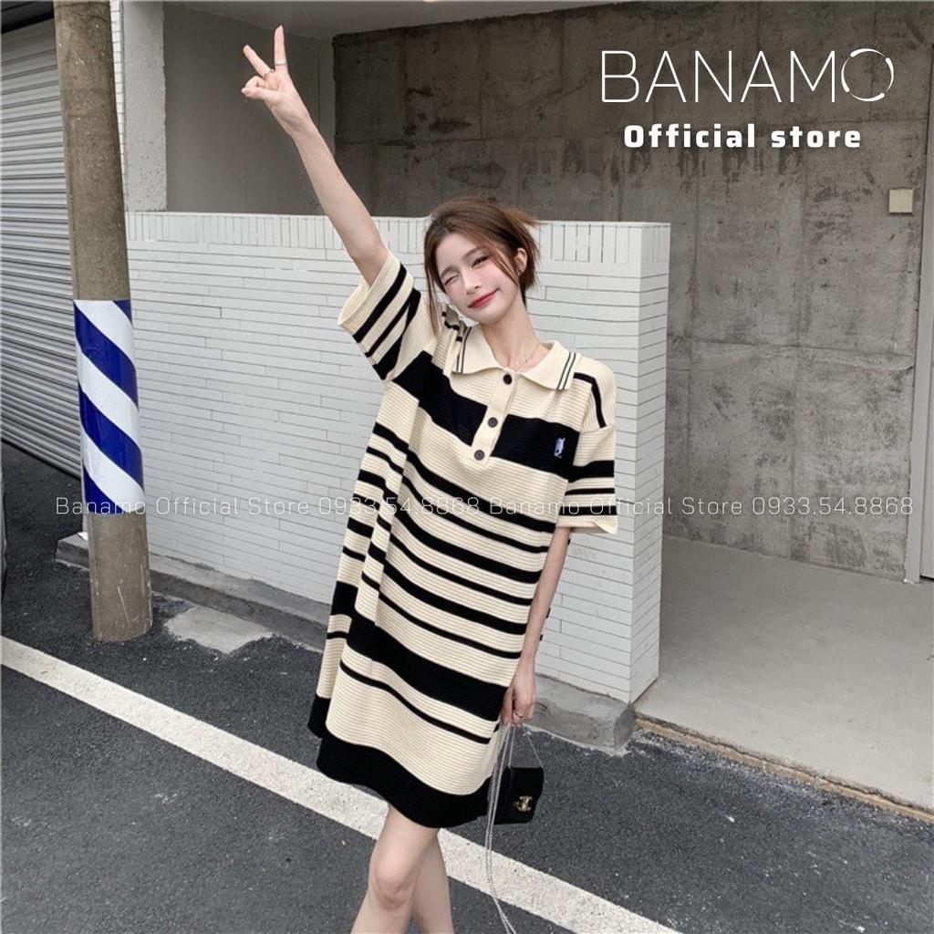 Đầm váy nữ polo dệt kim tay ngắn dáng rộng họa tiết kẻ ngang Thời Trang Banamo Fashion váy kẻ ngang 544