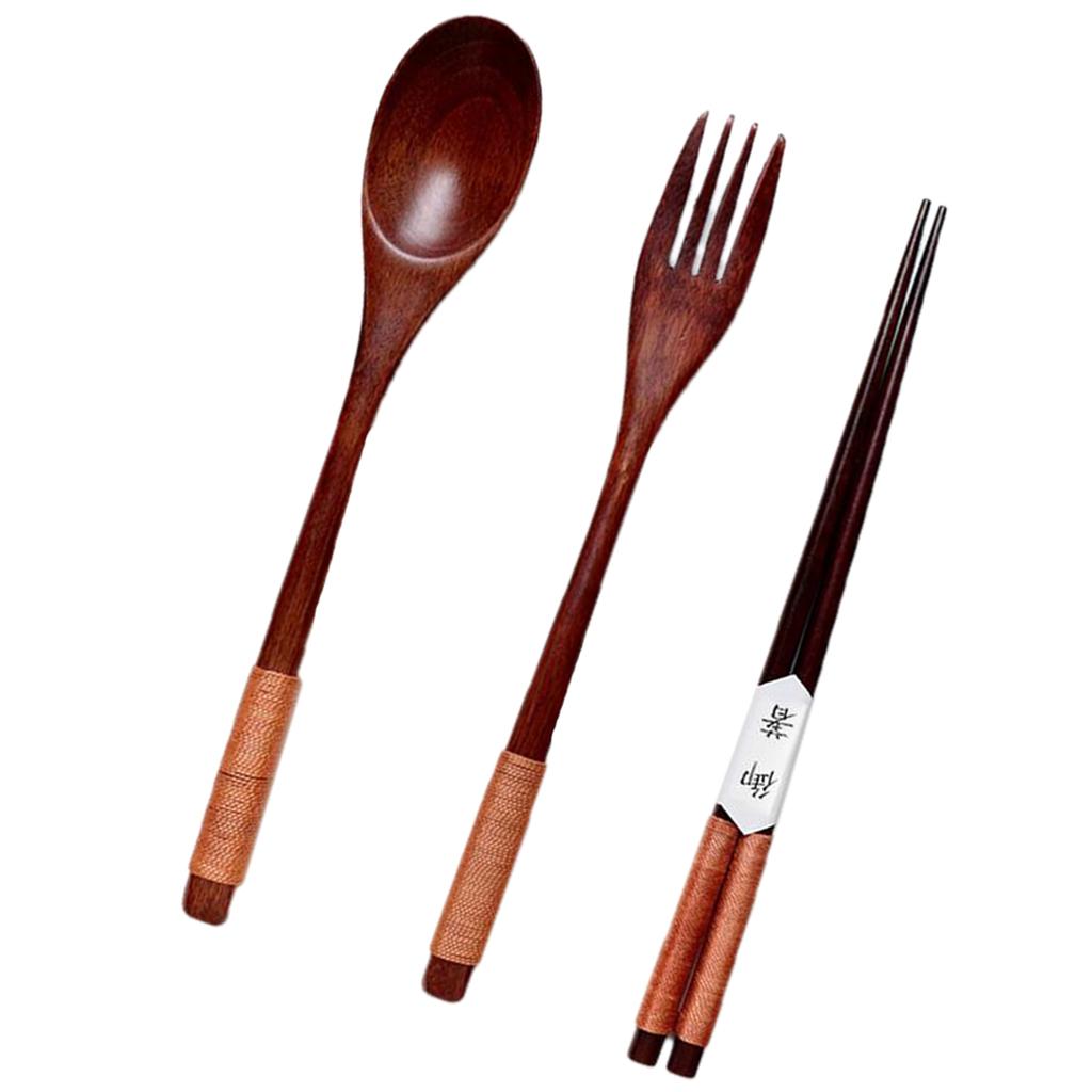 Wooden Spoon Fork Chopsticks Set, Lunch Tableware, Japanese Style