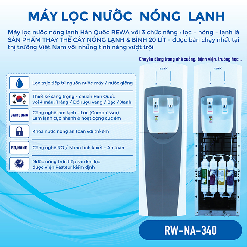 Máy Lọc Nước Nóng Lạnh Công nghệ RO Hàn Quốc REWA - RW-RO-340- Hàng chính hãng