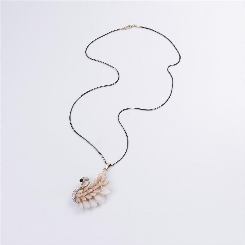 Charm Opal Crystal Swan Pendant Necklace Rhinestone Sweater Chain Necklace