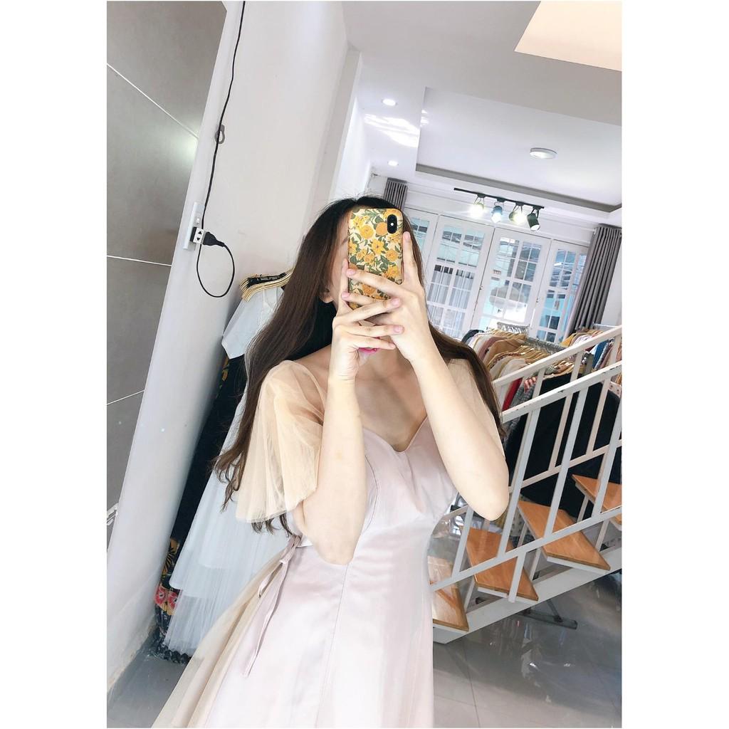 ĐẦM THẮT EO TAY LƯỚI CỔ V