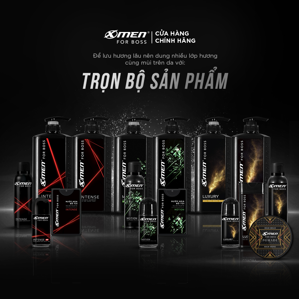 Combo Dầu gội nước hoa X-Men for Boss Intense 650g + Sữa tắm nước hoa X-Men for Boss Intense 180g + Gel X-men For Boss Strong Hold Wet Look 150g