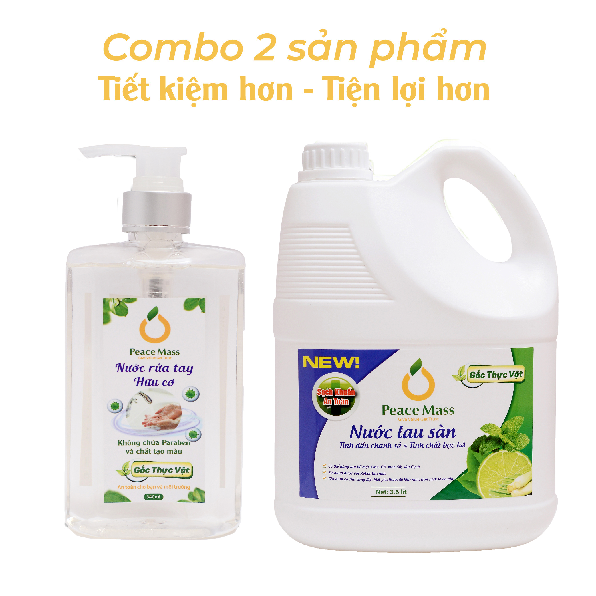 Combo Sản Phẩm Gốc Thực Vật LSB2 Peace Mass - Nước Lau Sàn TD Chanh Sả - Bạc Hà 3.6l + Nước Rửa Tay 340ml