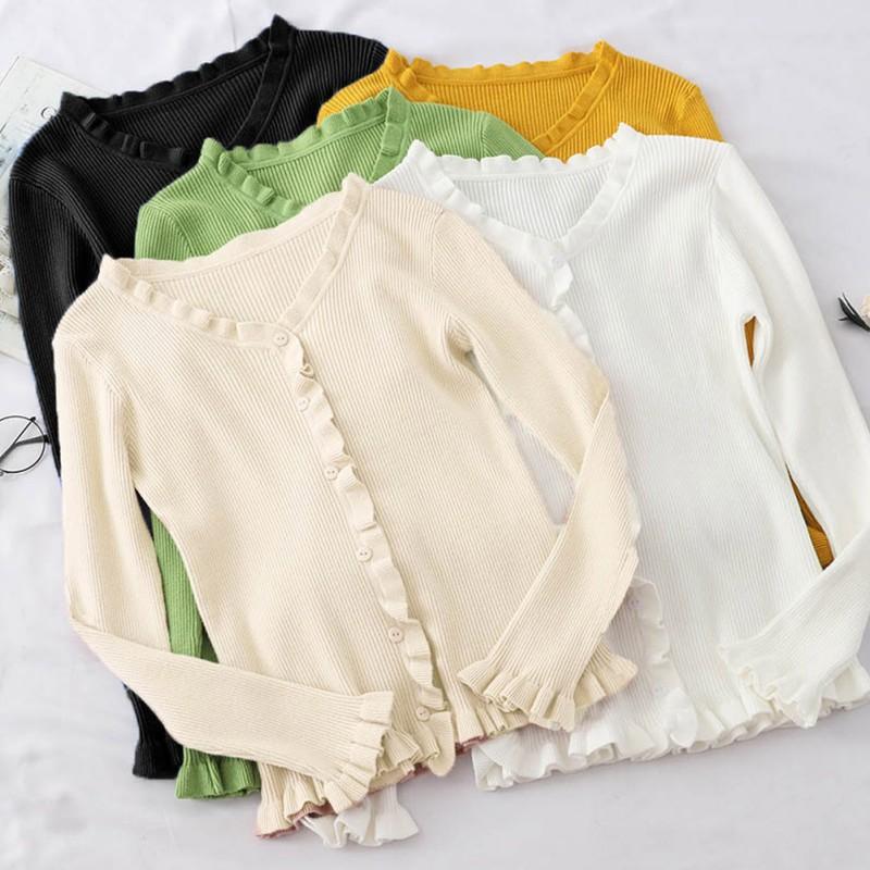 Áo dệt kim nữ tay dài cổ chữ V màu trơn