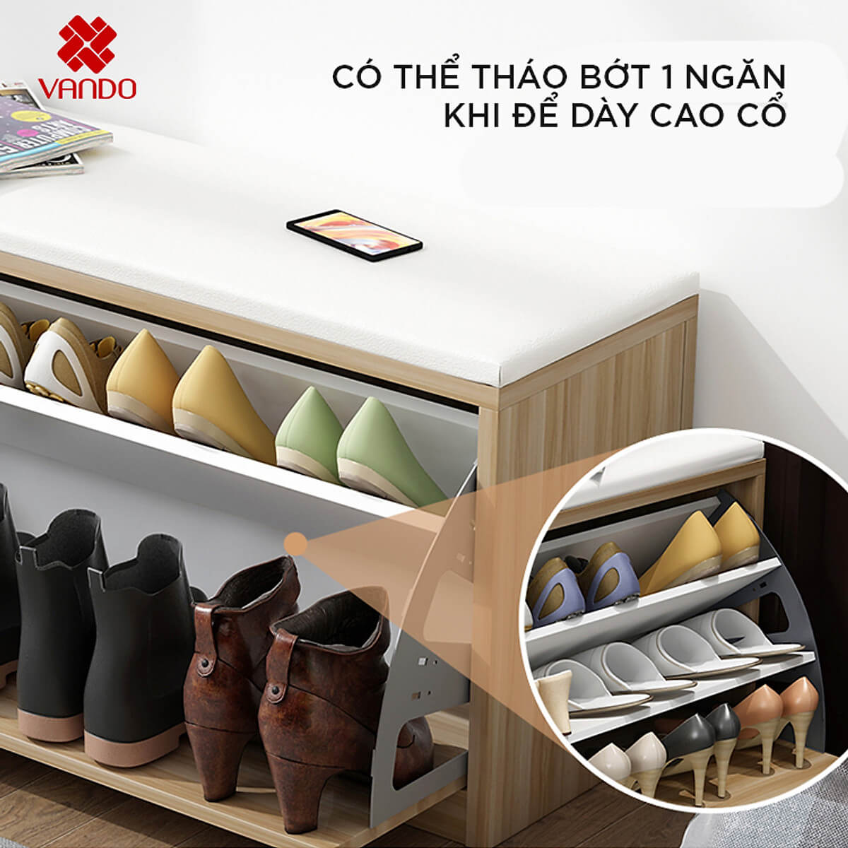 Tủ Giày Gỗ Cánh Lật Kết Hợp Ghế Ngồi Nghỉ Tiện Lợi, Tủ Gỗ MDF Phủ Melamine Chống Nước, Chống Xước