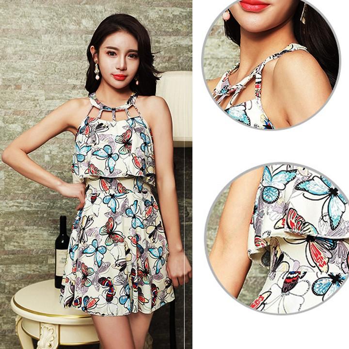 Đồ bơi nữ dạng váy một mảnh họa tiết bươm bướm (nền vàng nhạt