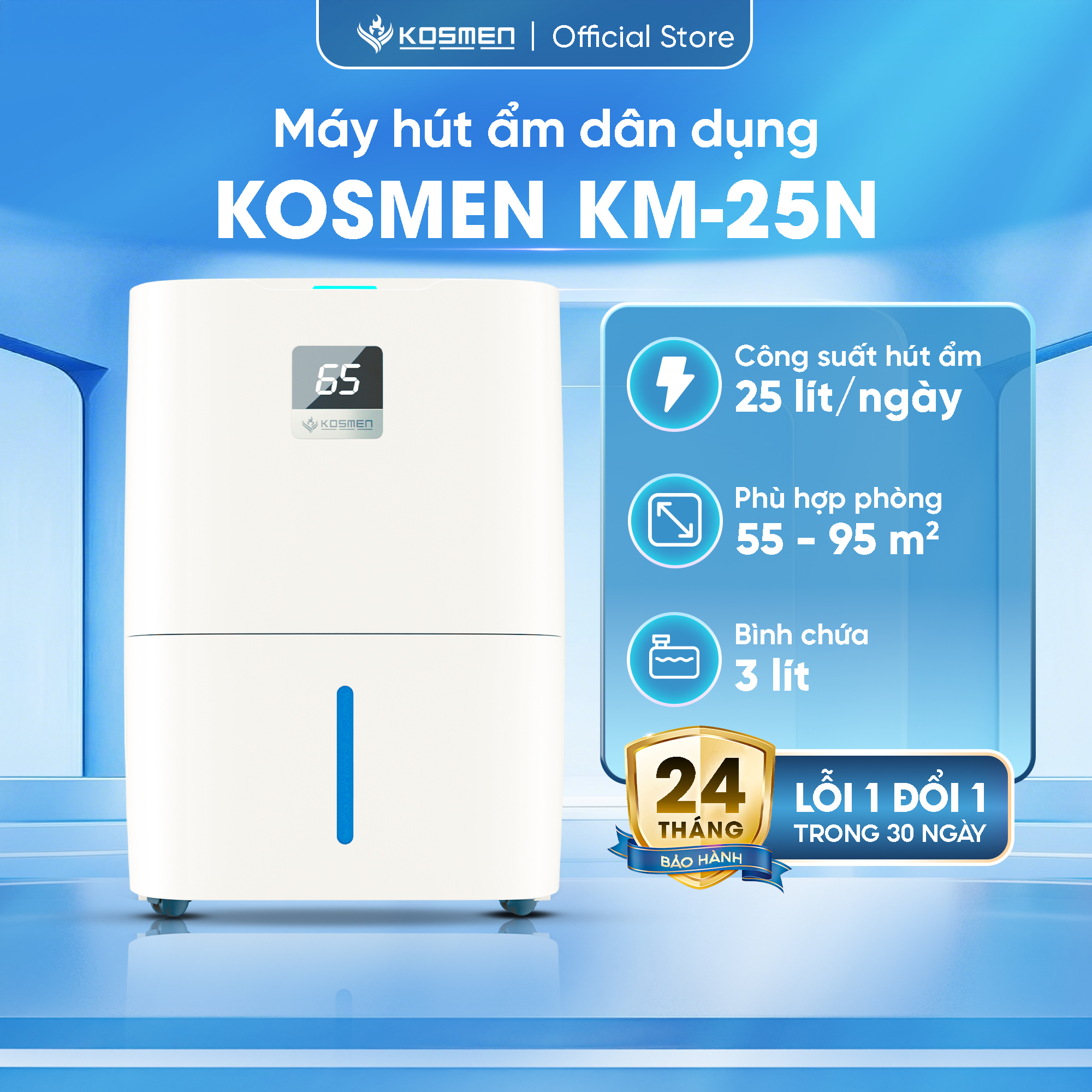 Máy Hút Ẩm Kosmen KM-25N,Phù Hợp Diện Tích 55 - 95 m2, Lọc Không Khí Chuyên Sâu - Hàng Chính Hãng, Bảo Hành 24 Tháng