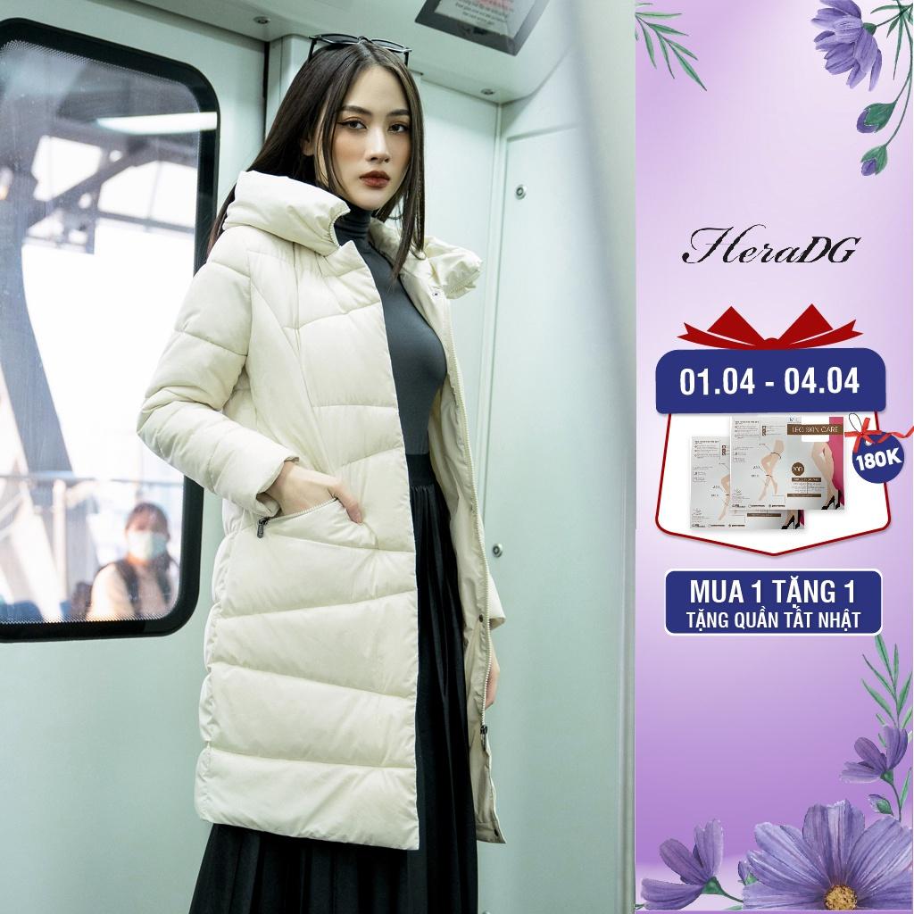 Áo Khoác Phao Nữ Dáng Dài HeraDG Túi Chéo Chần Chéo Kèm Mũ Sang Trọng, Vải Gió Chống Nước Chống Bám Bụi WJKBA17