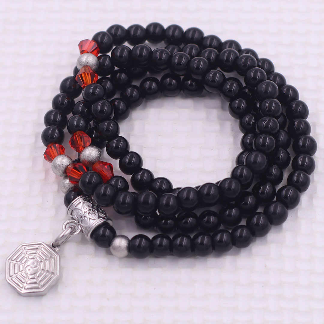 Vòng chuỗi 108 hạt đá thạch anh đen 6 ly charm bát quái inox - vòng chuỗi niệm Phật, vòng tay chuỗi hạt