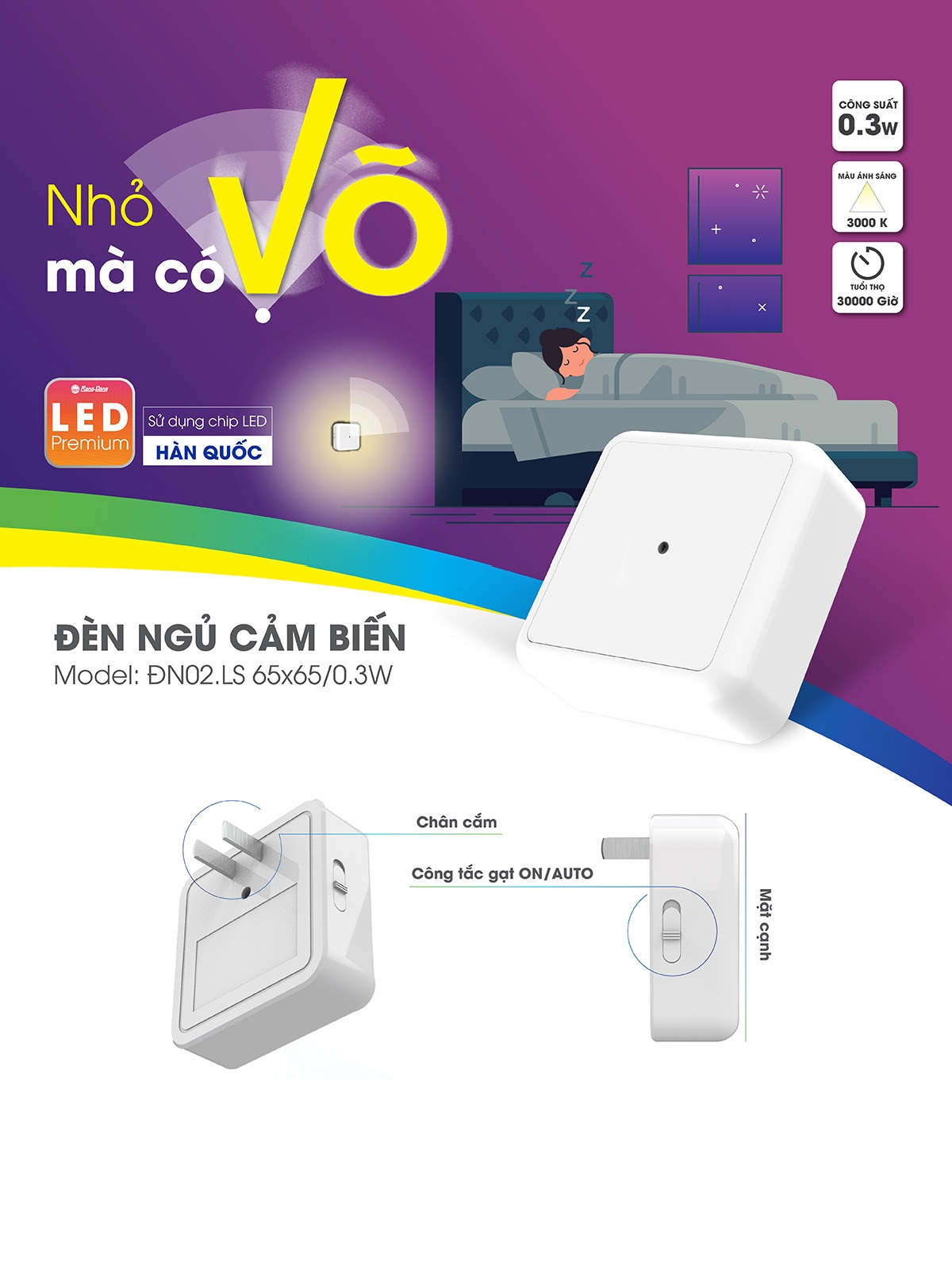 Đèn ngủ cảm biến Rạng Đông Model: ĐN02.LS 65x65/0.3W - Hàng chính hãng