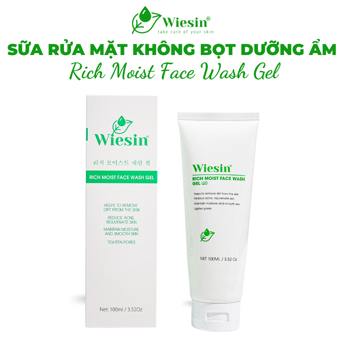 Sữa rửa mặt không bọt dưỡng ẩm cho da khô và da nhạy cảm Wiesin Rich Moist Face Wash Gel 100ml - WS01
