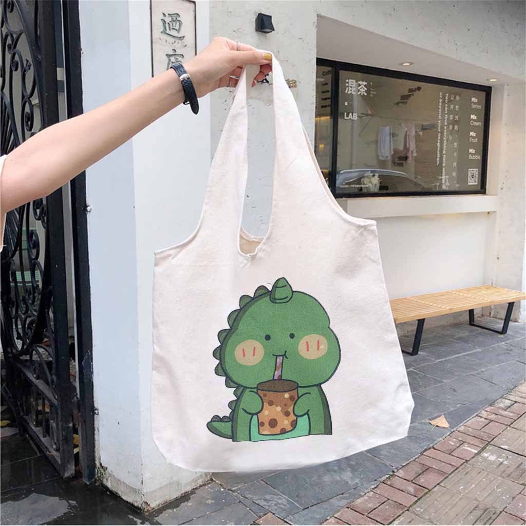 Túi tote canvas loại đẹp kẹp nách khủng long xanh trà sữa