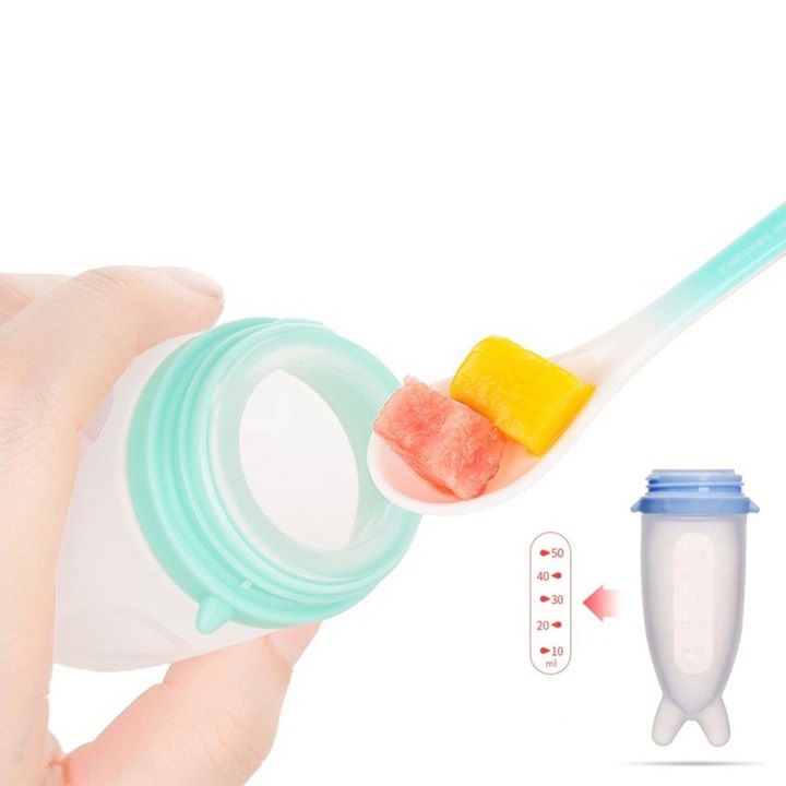 Bình thìa cho bé ăn dặm kèm túi nhai hoa quả Vcool- Chất liệu Silicone an toàn cho bé