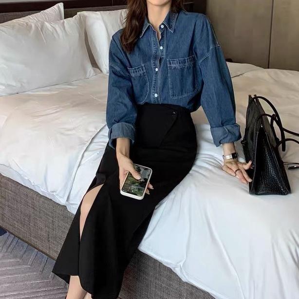 Áo jean dài tay phong cách, áo jean hai màu nổi bật A2