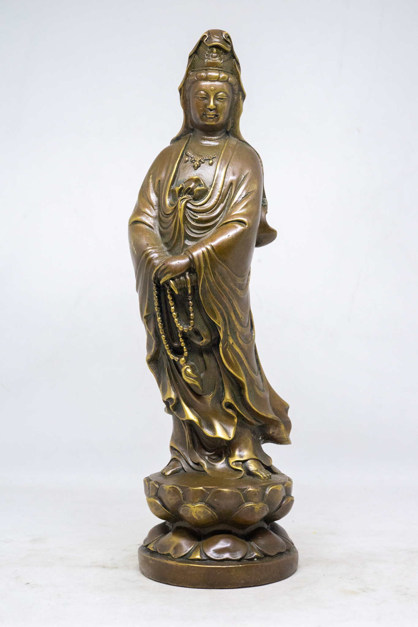 Tượng Phật Bà Quan Âm đồng đứng trên tòa sen cao 25cm
