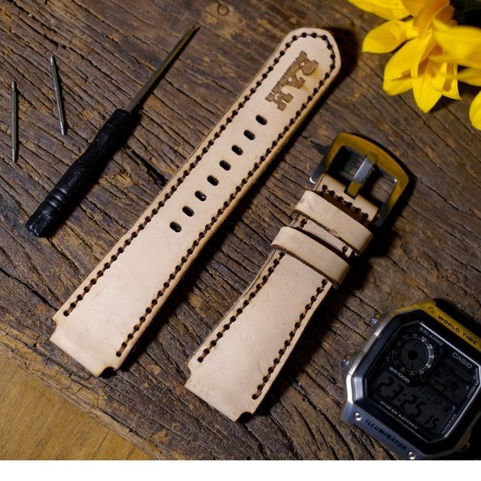 Dây đồng hồ RAM Leather cho casio ae1200 da bò thật - RAM 1970 vegtan trắng (tặng đầy đủ khóa, chốt, cây thay dây)