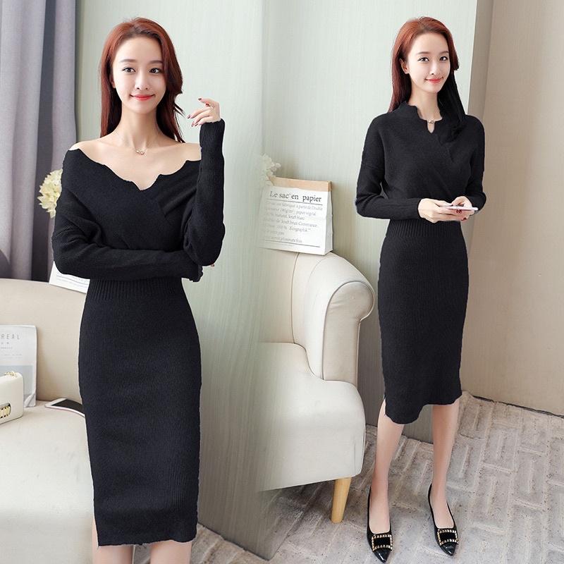 Váy len body chiết eo, Đầm xinh dáng ôm chất liệu len dệt kim cao cấp- VL01