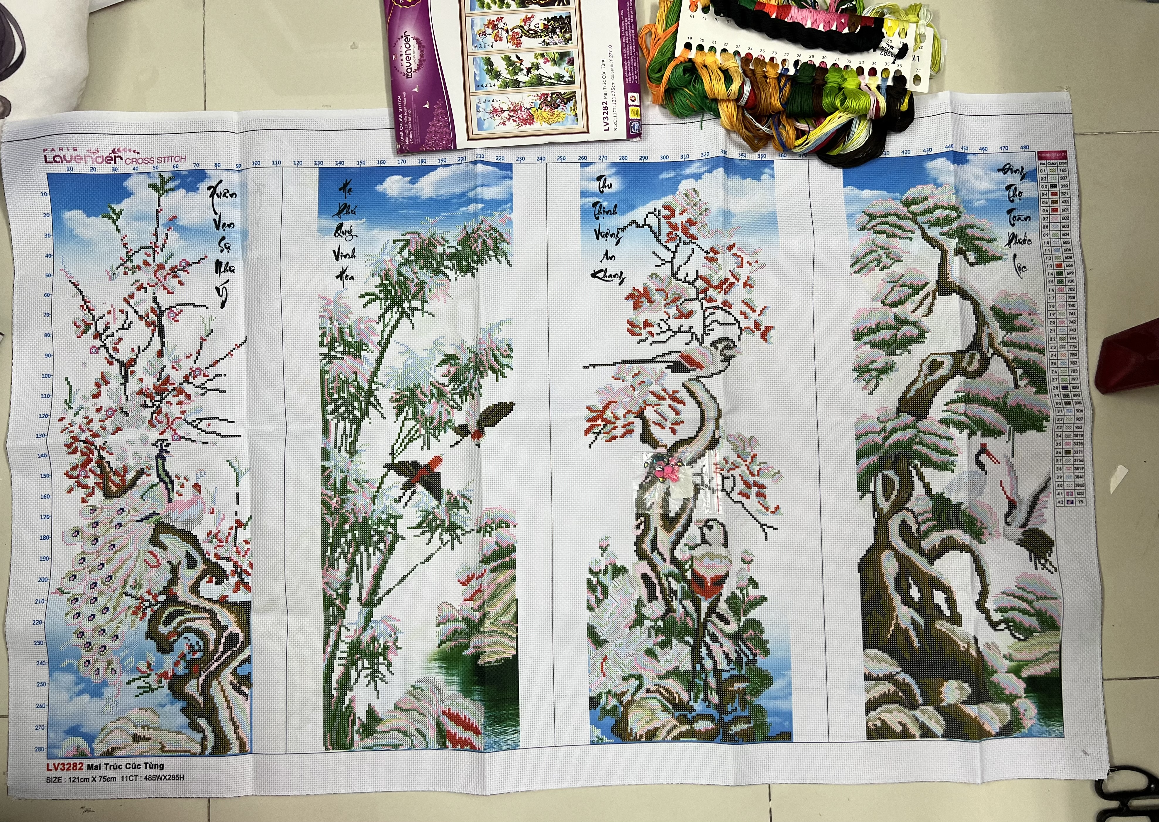 Tranh thêu chữ thập Tứ quý lv3282, kích thước 121x75 cm