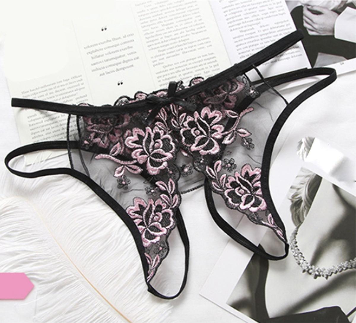 Quần lót nữ sexy thêu hoa ren 2 bên hở đáy viền hồng - 1 cái