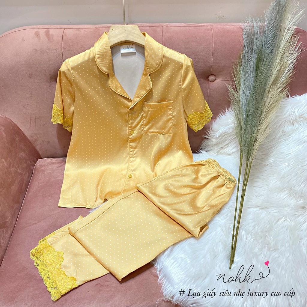Bộ ngủ Pijama lụa chấm bi nhỏ cộc tay cao cấp