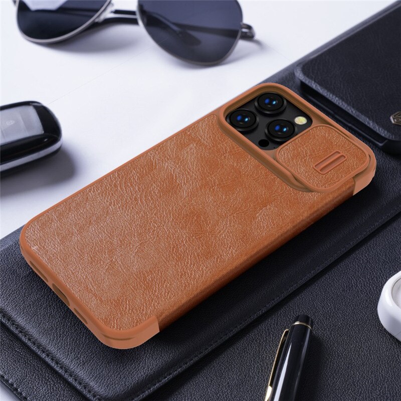 Bao da dành cho iPhone 14/ 14 Plus/ 14 Pro Max/ 14 Pro hàng chính hãng Nillkin QIN có nắp trượt bảo vệ camera - Hàng nhập khẩu