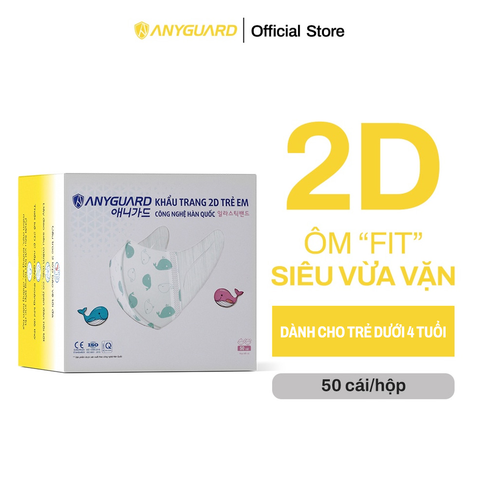 Hộp Khẩu Trang 2D Trẻ Em 3 Lớp ANYGUARD Chính Hãng - Lọc 99% Vi Khuẩn - Họa Tiết Cá - Dành Cho Bé Từ 2 Đến 4 tuổi - Đạt Tiêu Chuẩn QCVN 01:2017/BTC, ISO 9001:2015, ISO 13485:2016