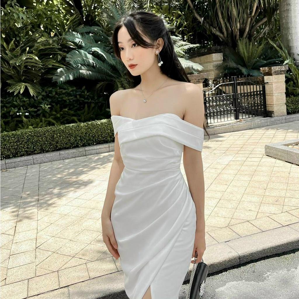 Đầm body dự tiệc trễ vai xếp ly sang trọng