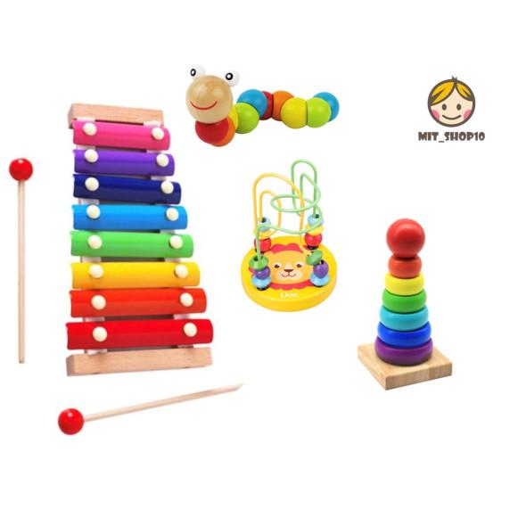 Combo 4 món đồ chơi gỗ - Đồ chơi gỗ dạng sâu- luồn hạt- tháp cầu vồng- đàn gỗ cho bé