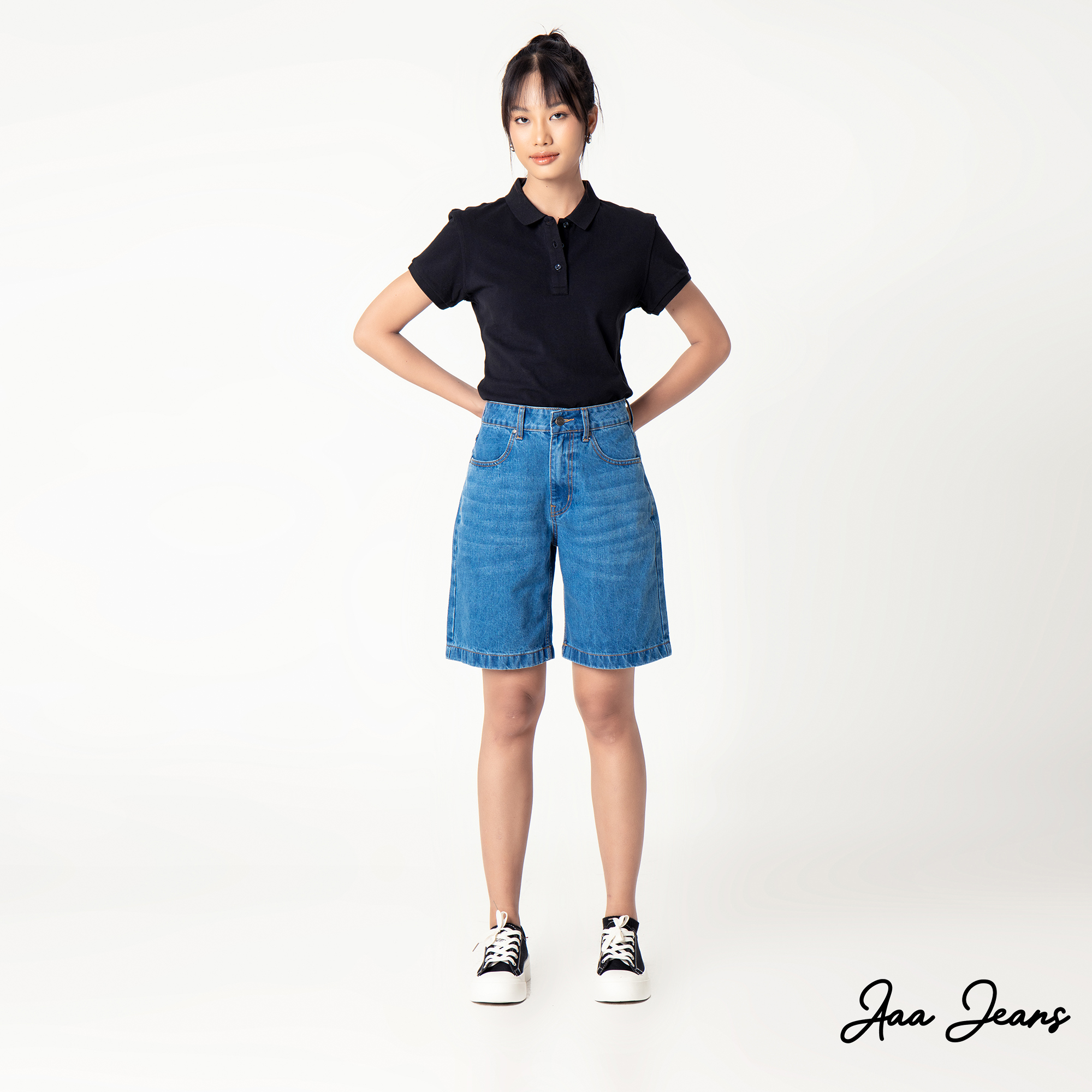 Quần short jean nữ lưng cao ngang gối Aaa Jeans