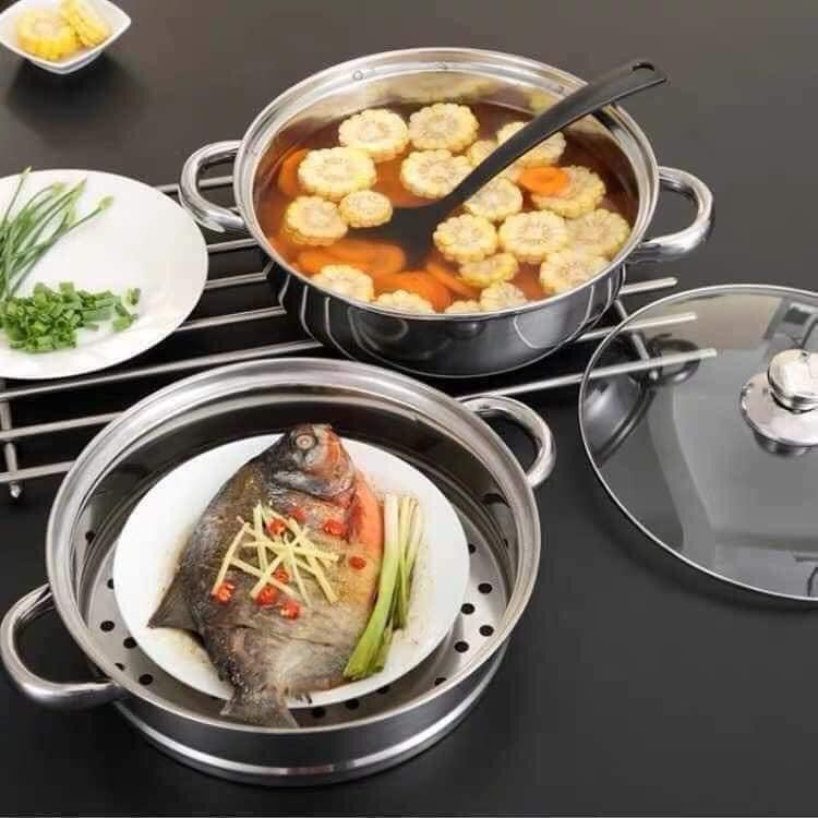 Nồi hấp inox 2 tầng nắp kính cao cấp 28cm dùng được mọi loại bếp