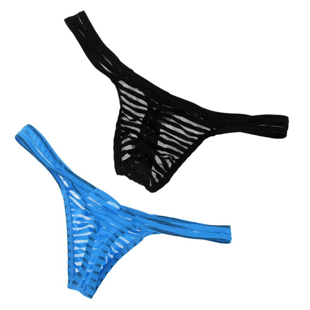Set of 2pcs Men's Sexy Sheer Mesh G-string Underwear Thong Voile Micro Briefs Pouch Black Blue