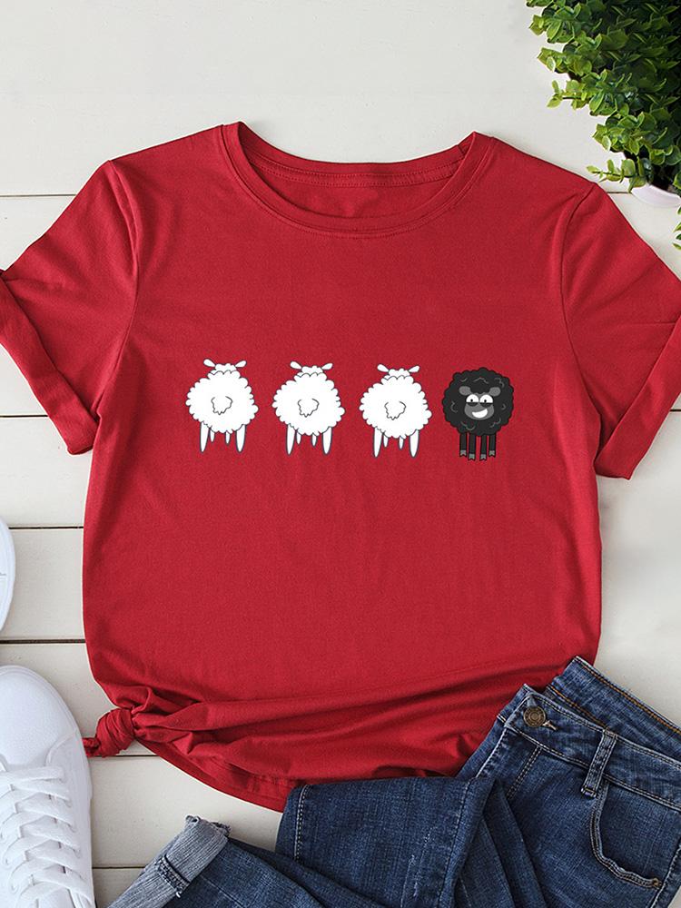 Women T-shirt Cute Sheep Print Short Sleeve O Neck Plus Size Casual Tops S-5XL